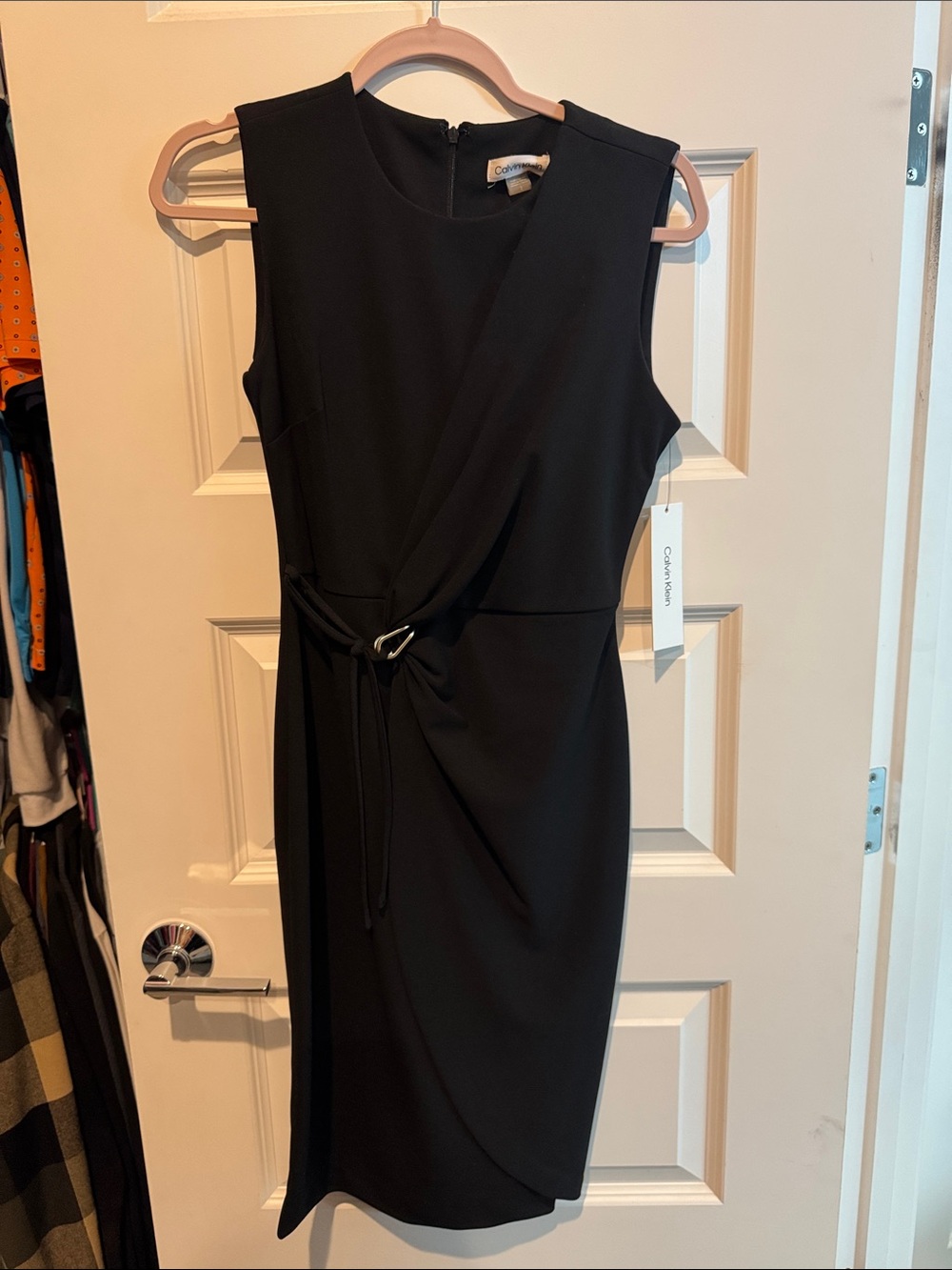 Calvin Klein Black Sleeveless Midi Sheath Dress with Waist Knot